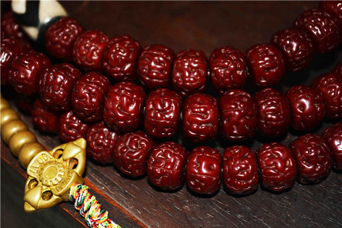 Tibetan Old Antique Rudraksha Bodhi Seeds Mala Prayer Beads Tiger Tooth Dzi Bead Amulet 108 Rosary Himalayan