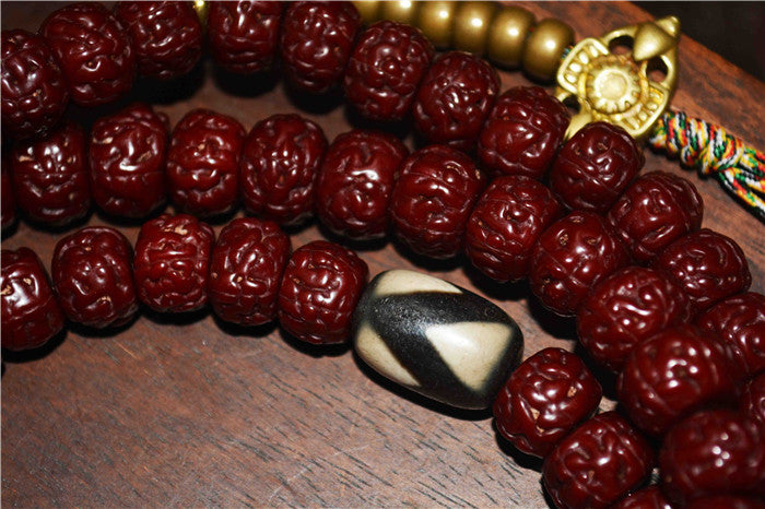 Tibetan Old Antique Rudraksha Bodhi Seeds Mala Prayer Beads Tiger Tooth Dzi Bead Amulet 108 Rosary Himalayan