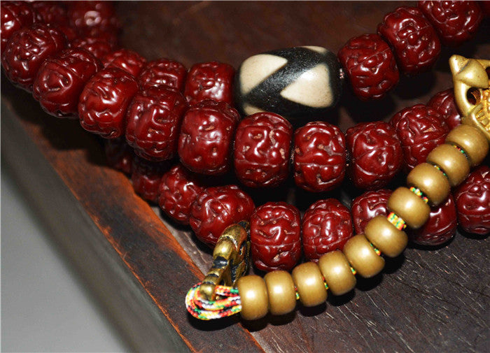 Tibetan Old Antique Rudraksha Bodhi Seeds Mala Prayer Beads Tiger Tooth Dzi Bead Amulet 108 Rosary Himalayan