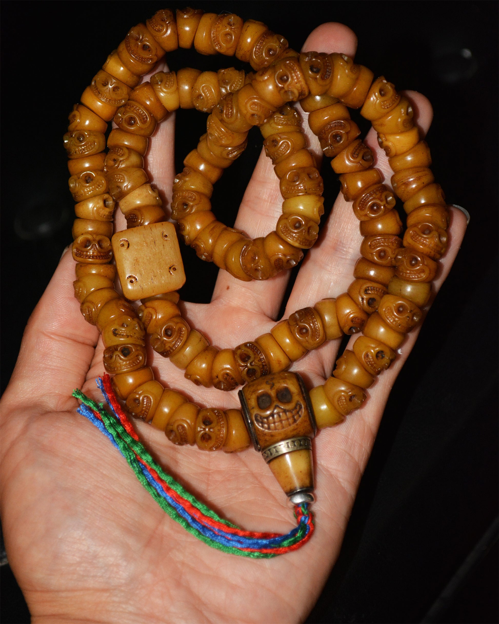 Tibetan Old Antique Skull Prayer Beads Bracelet Real Kapala Bone Mala Rosary Himalayan Genuine 108 Buddhism Worry Necklace Dice Amulet