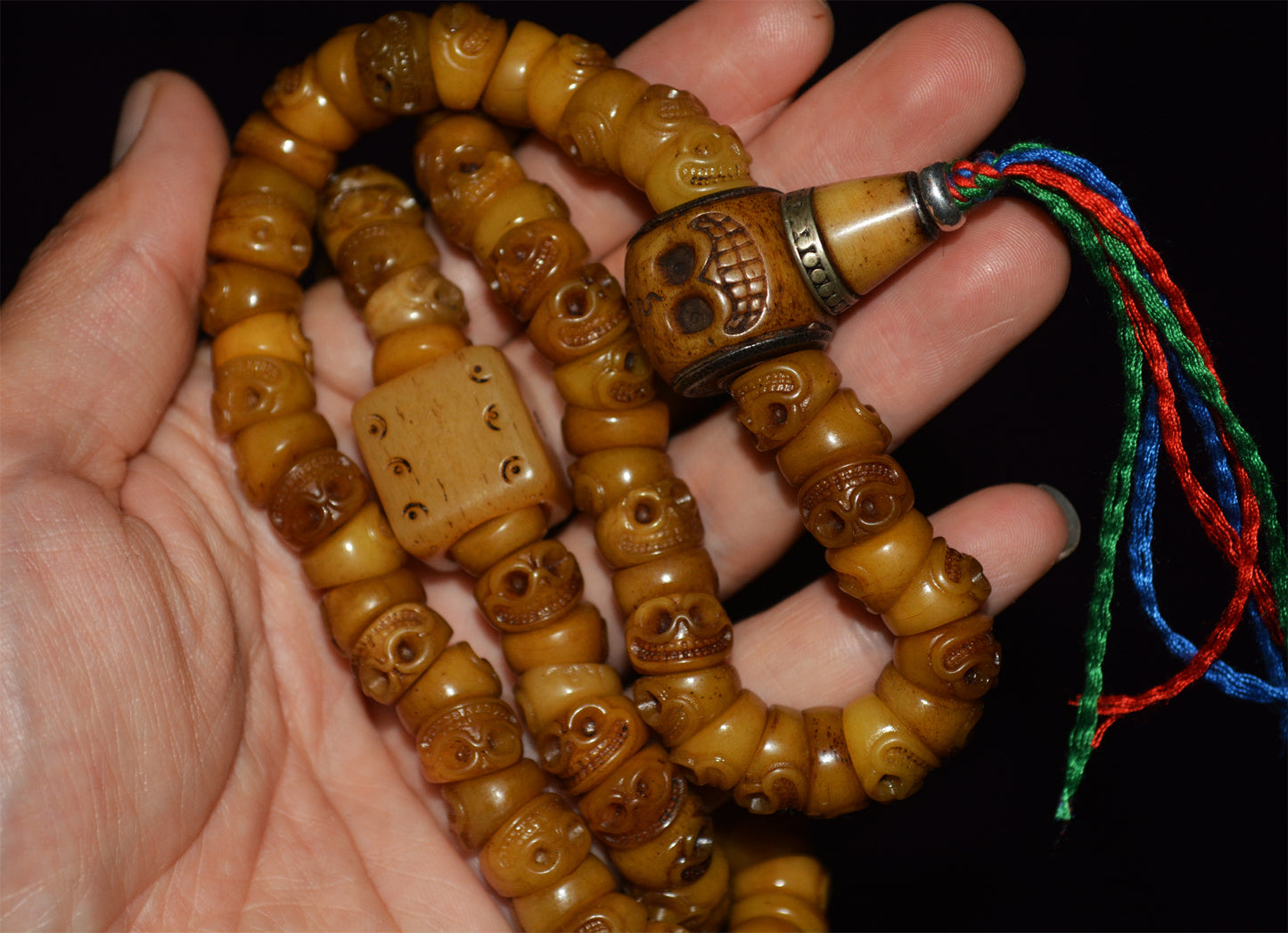 Tibetan Old Antique Skull Prayer Beads Bracelet Real Kapala Bone Mala Rosary Himalayan Genuine 108 Buddhism Worry Necklace Dice Amulet