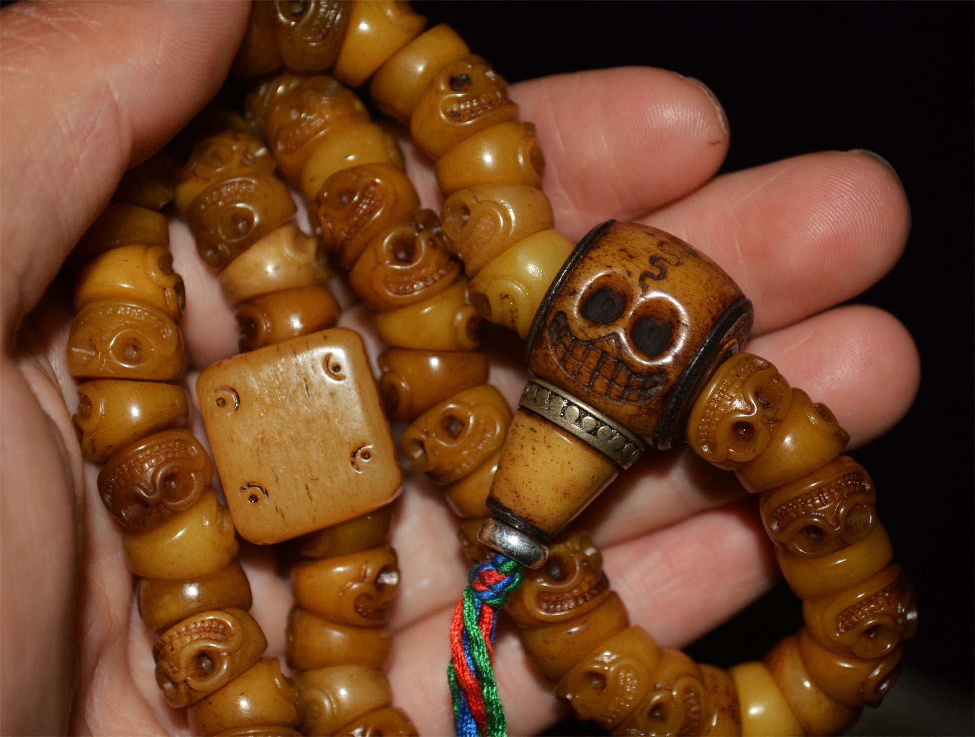 Tibetan Old Antique Skull Prayer Beads Bracelet Real Kapala Bone Mala Rosary Himalayan Genuine 108 Buddhism Worry Necklace Dice Amulet