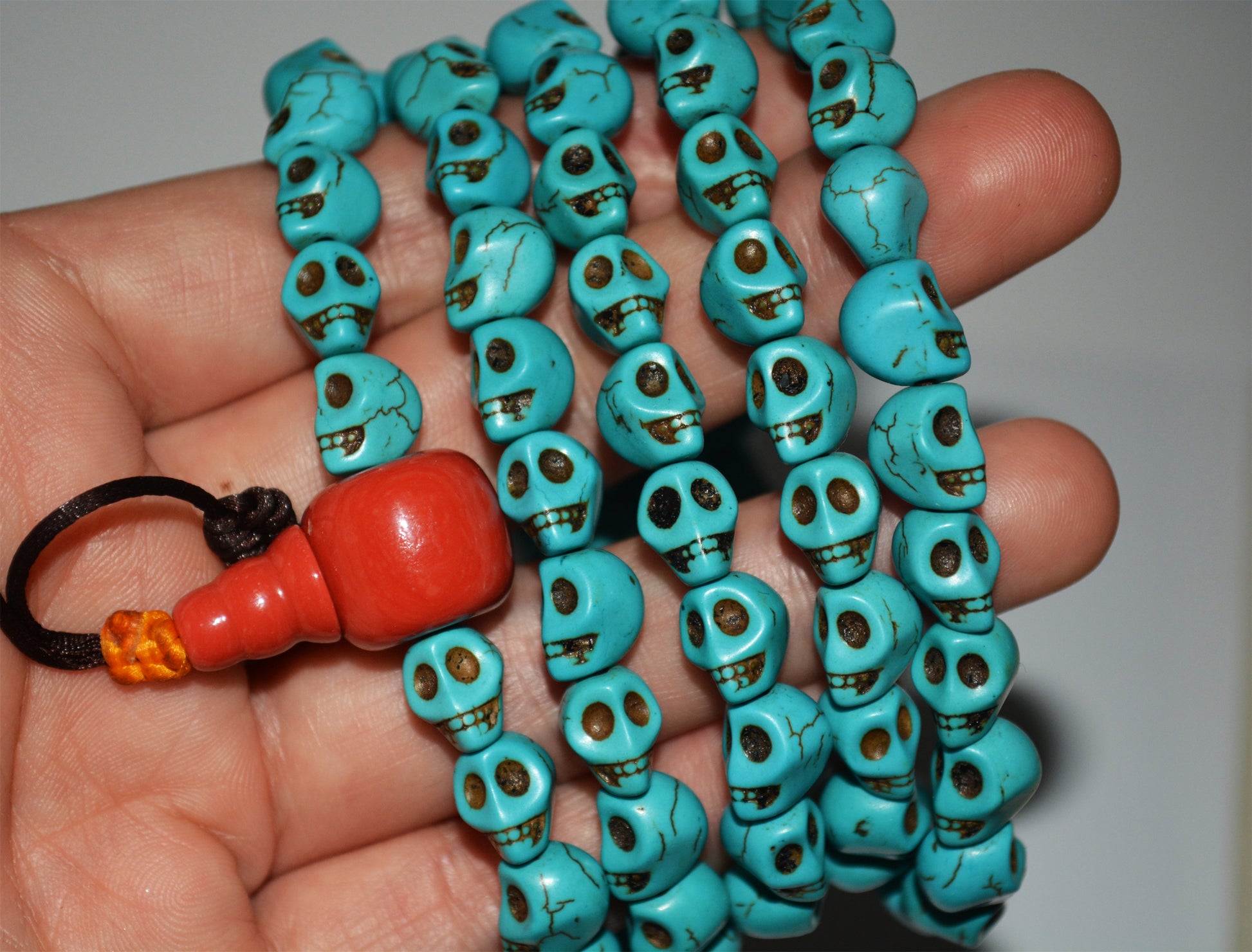 Tibetan Old Antique Turquoise Kapala Skull Mala Prayer Beads Bracelet Amulet Real Rosary Lucky Talisman chitipati shmashana adhipati