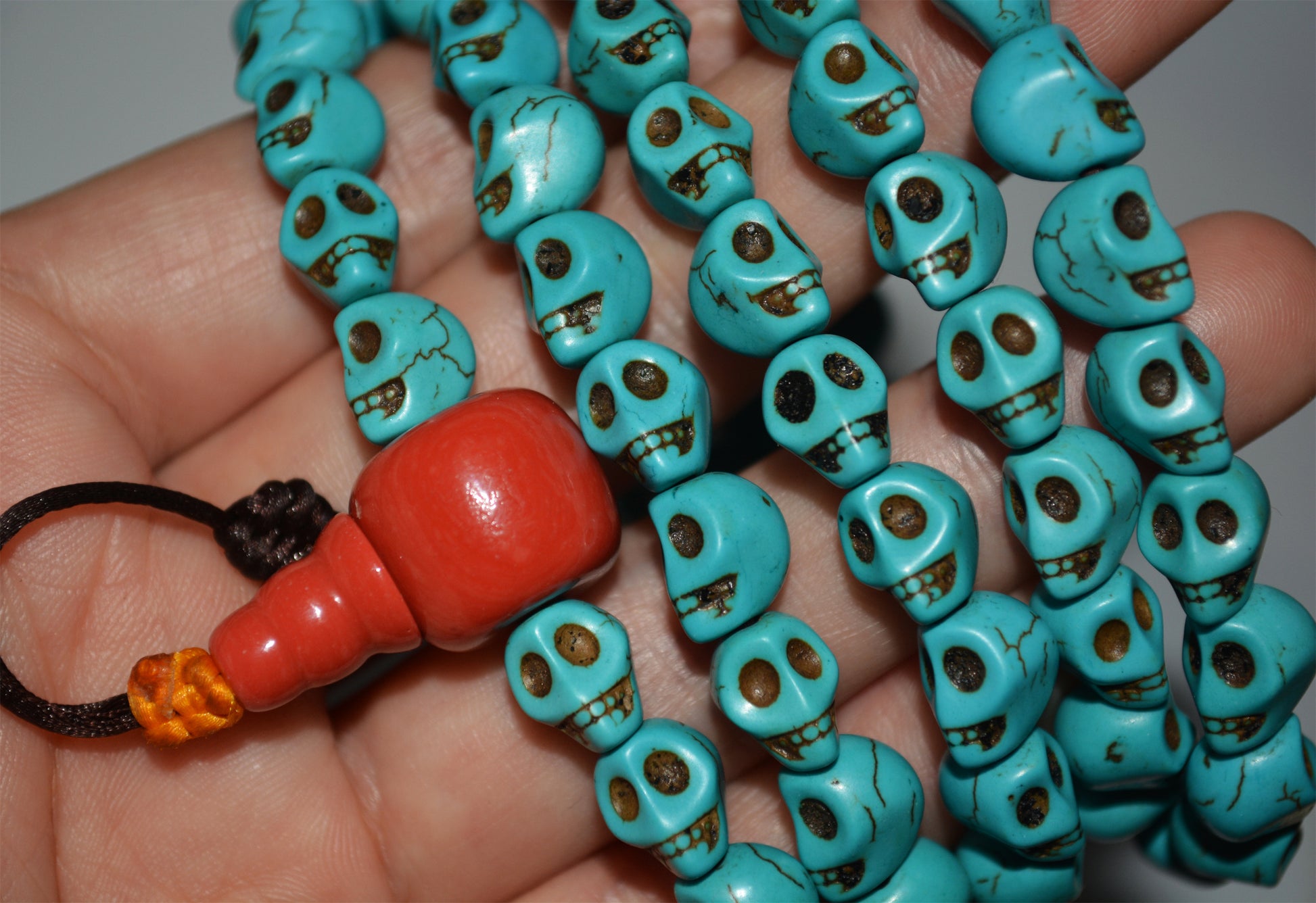 Tibetan Old Antique Turquoise Kapala Skull Mala Prayer Beads Bracelet Amulet Real Rosary Lucky Talisman chitipati shmashana adhipati