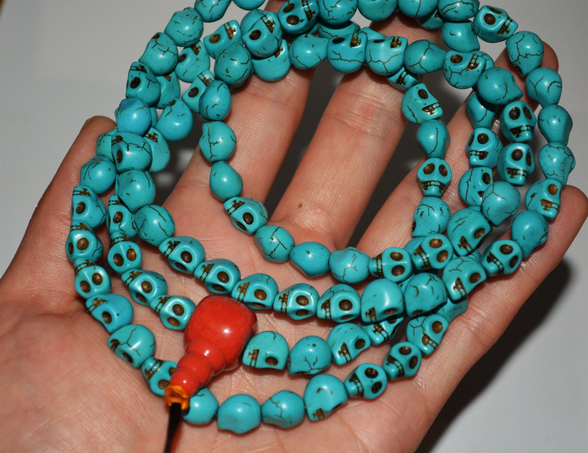 Tibetan Old Antique Turquoise Kapala Skull Mala Prayer Beads Bracelet Amulet Real Rosary Lucky Talisman chitipati shmashana adhipati