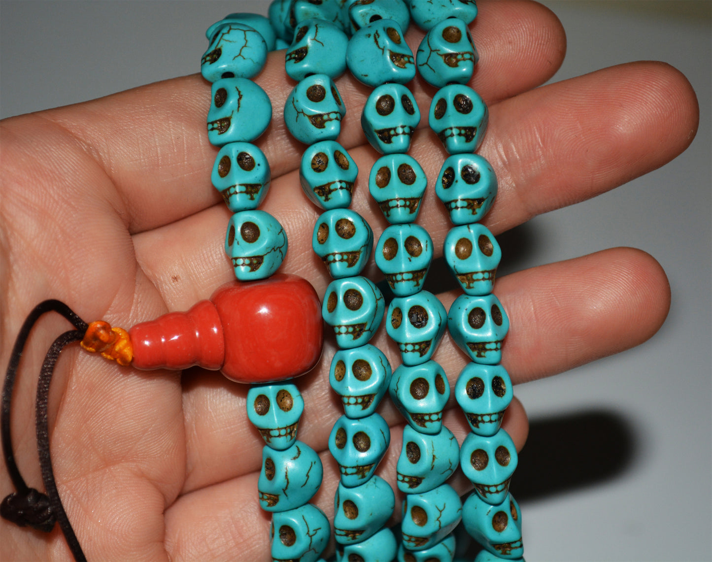 Tibetan Old Antique Turquoise Kapala Skull Mala Prayer Beads Bracelet Amulet Real Rosary Lucky Talisman chitipati shmashana adhipati