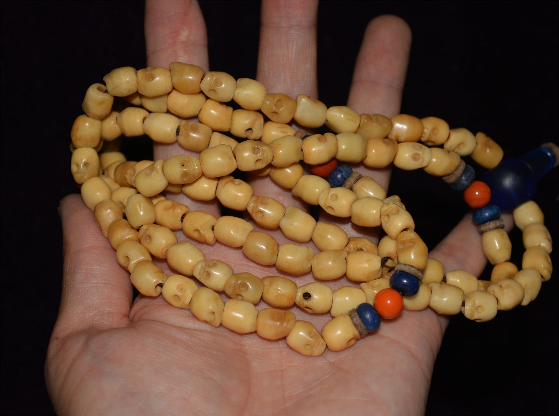 Tibetan Old Antique Yak Bone Skull Mala Prayer Beads Bracelet Amulet Real Kapala Rosary Necklace Lucky Talisman chitipati shmashana adhipati