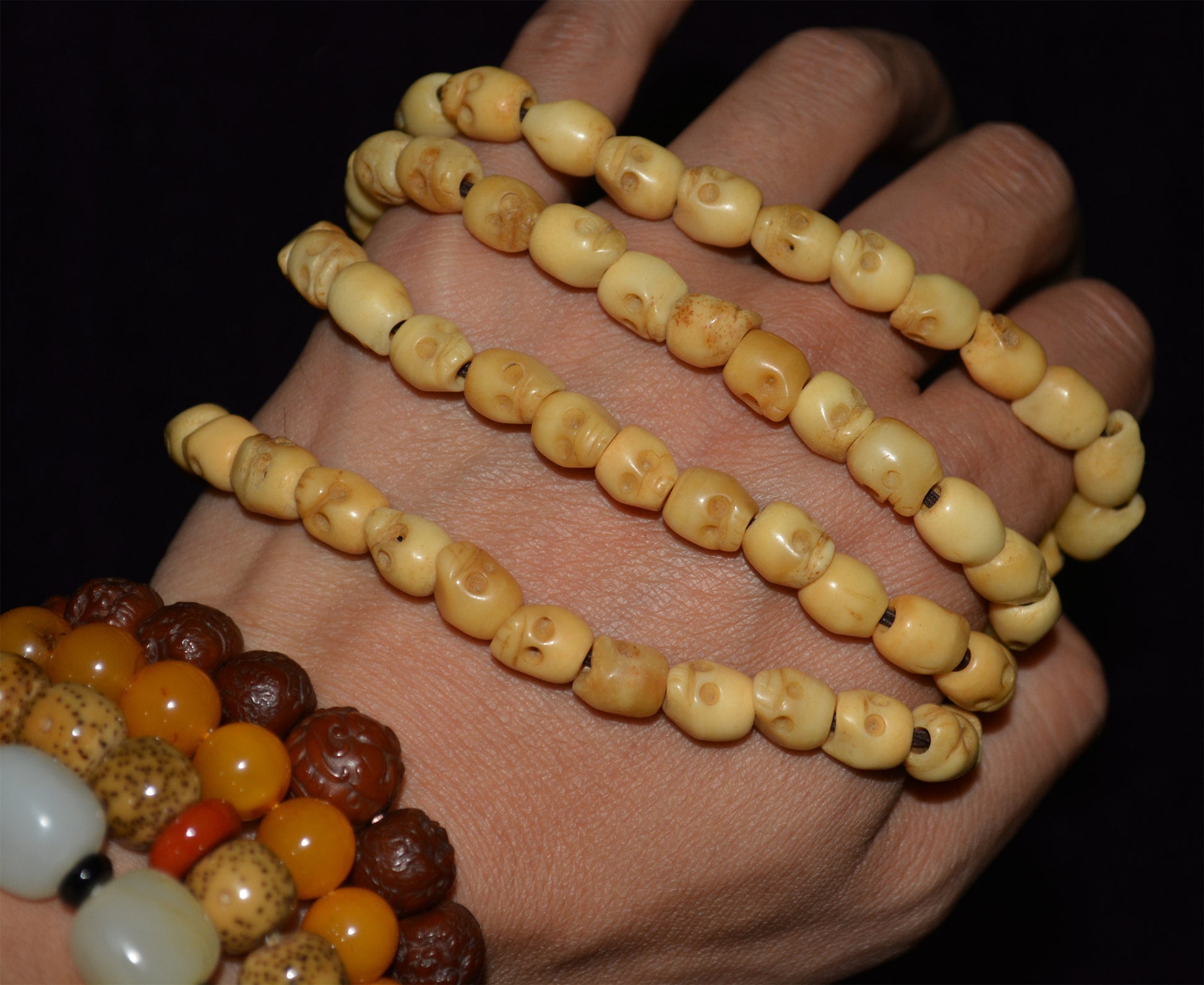 Tibetan Old Antique Yak Bone Skull Mala Prayer Beads Bracelet Amulet Real Kapala Rosary Necklace Lucky Talisman chitipati shmashana adhipati