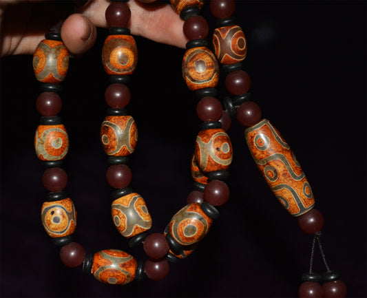 Tibetan Real Ancient Nine Three Eyes Dzi Bead Mala Prayer Beads Amulet Himalayas Genuine Agate Pure Gzi Necklace