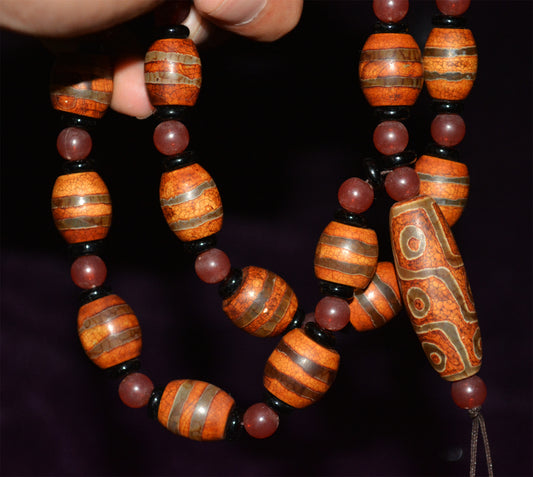 Tibetan Real Old Ancient Nine Eyes Dzi Bead Necklace Mala Prayer Beads Amulet Himalayan Agate Pure Gzi Pyu Striped