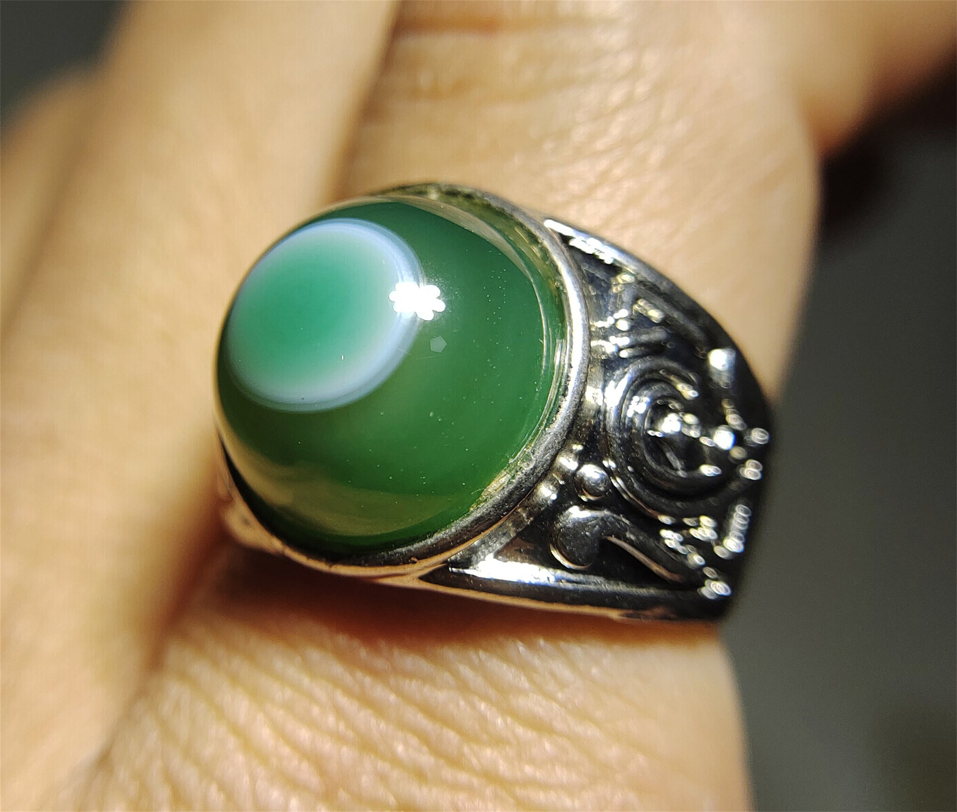 Tibetan Antique Sulemani Agate Luk Mik Eye Medicine Dzi Bead Ring Amulet Real Himalaya