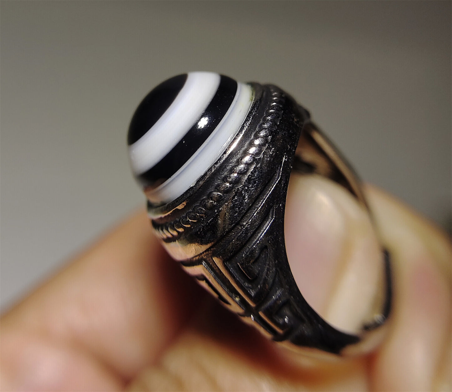 Tibetan Antique Sulemani Agate Lukmik Eye Medicine Dzi Bead Ring Amulet Real Himalaya luk mik