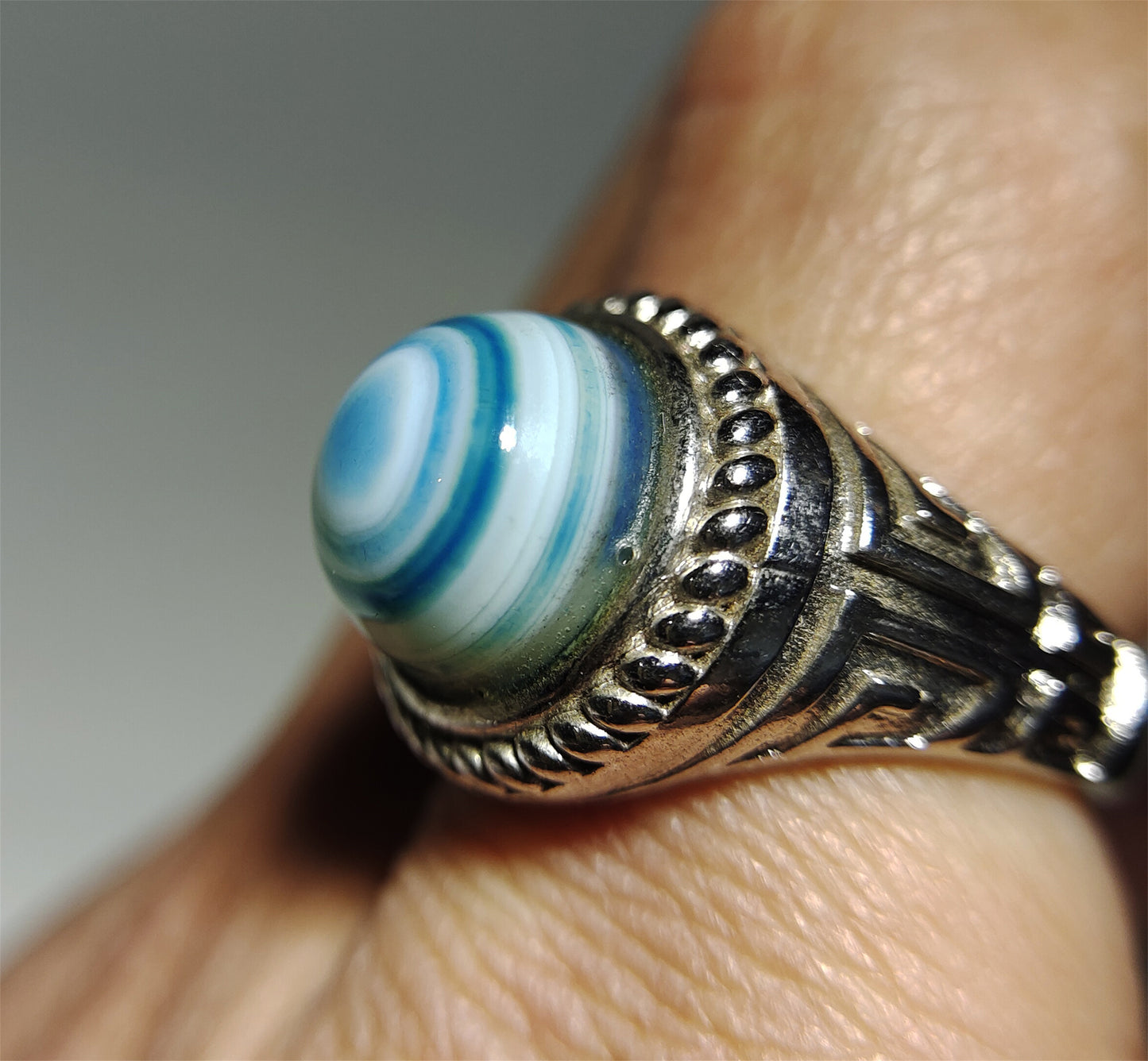 Tibetan Lukmik Eye Medicine Dzi Bead Ring Old Antique