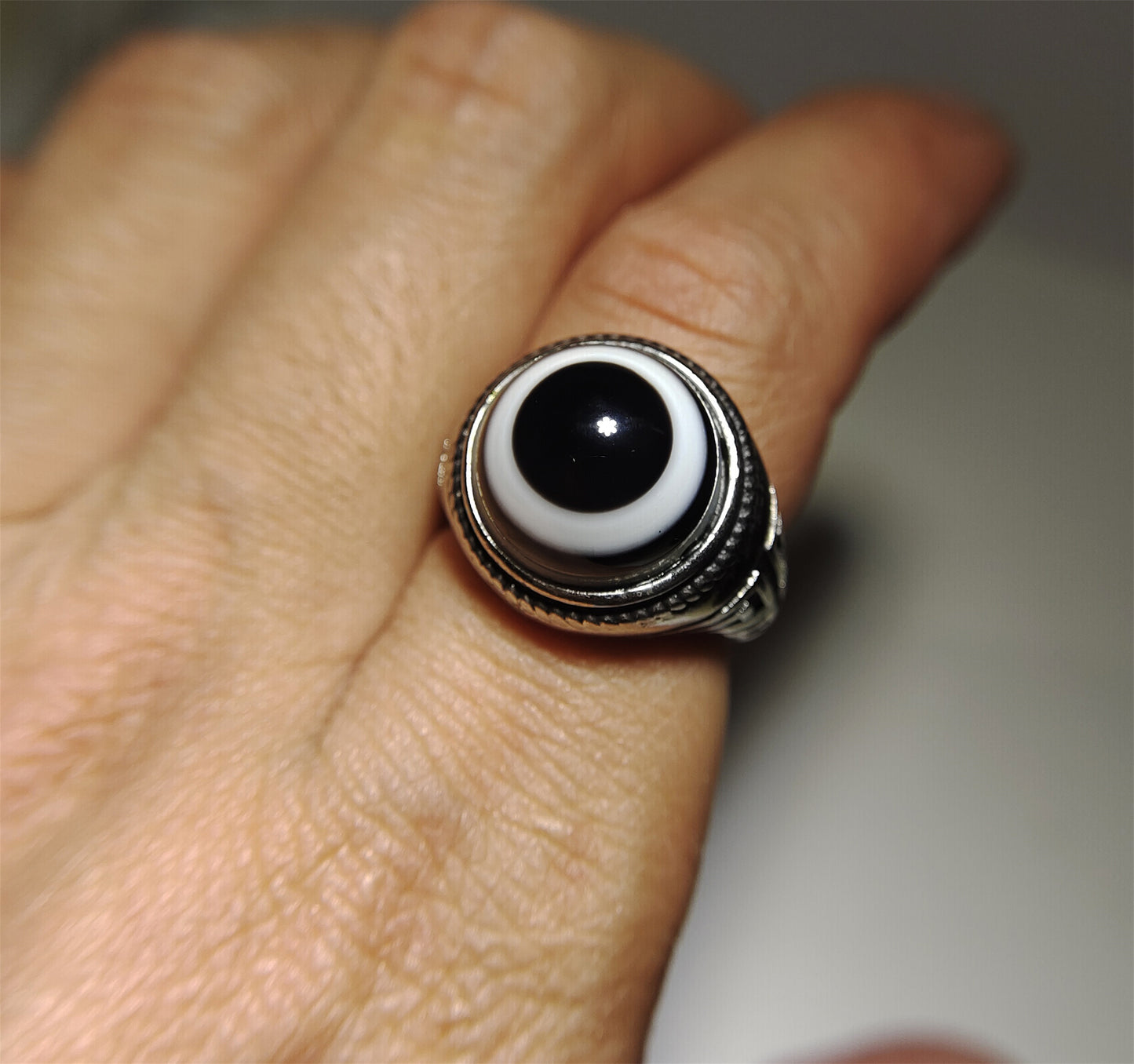 Tibetan Antique Sulemani Agate Lukmik Eye Medicine Dzi Bead Ring Amulet Real Himalaya luk mik