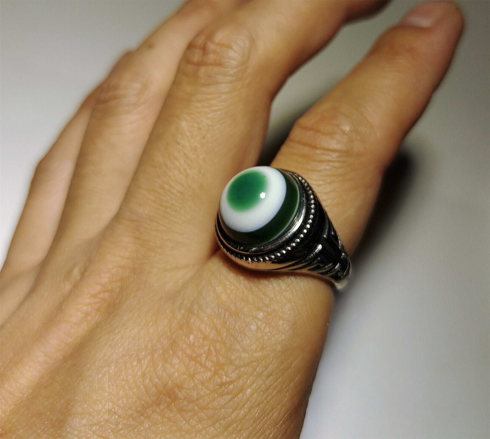 Old Antique Lukmik One Eye Dzi Bead Ring Himalaya luk mik