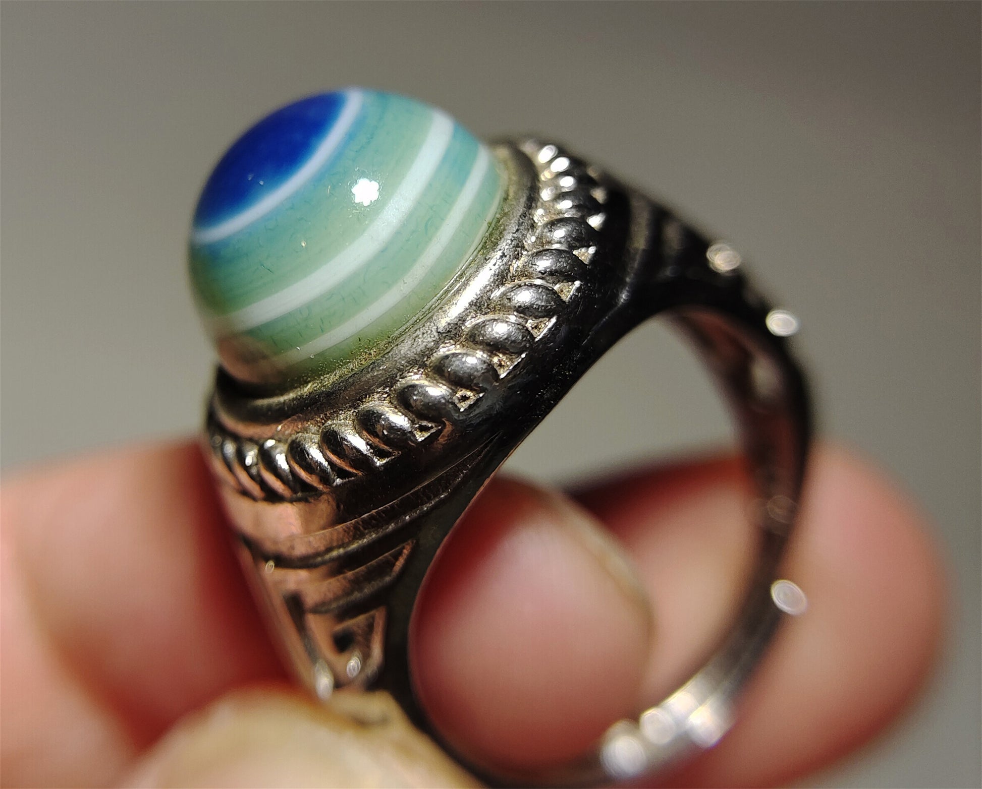 Tibetan Old Antique Luk Mik Dzi Bead Ring Himalaya Medicine Amulet Real LukMik Horse