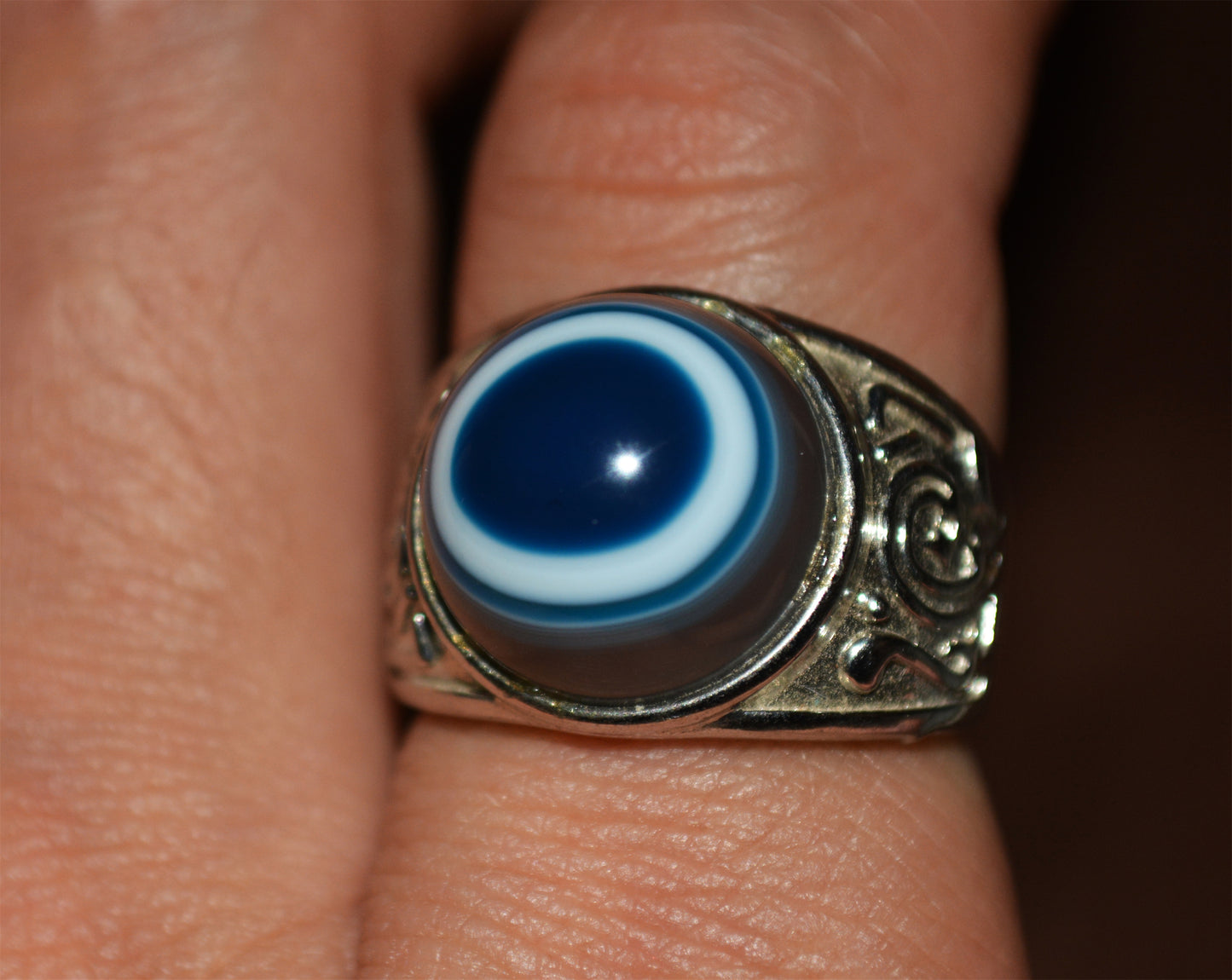 Tibetan Old Antique Lukmik Eye Dzi Bead Ring Medicine agate