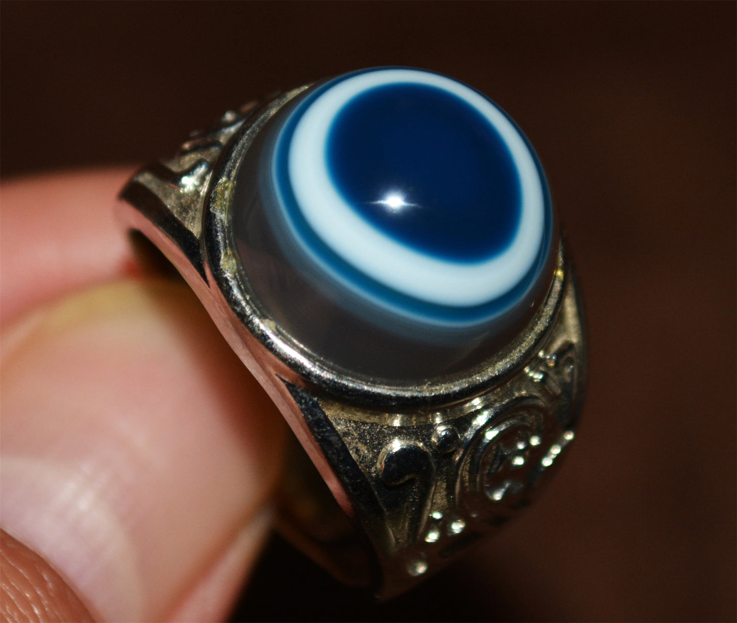 Tibetan Old Antique Lukmik Eye Dzi Bead Ring Medicine agate