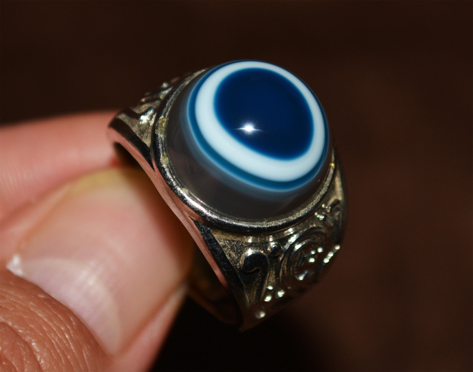 Tibetan Old Antique Lukmik Eye Dzi Bead Ring Medicine agate