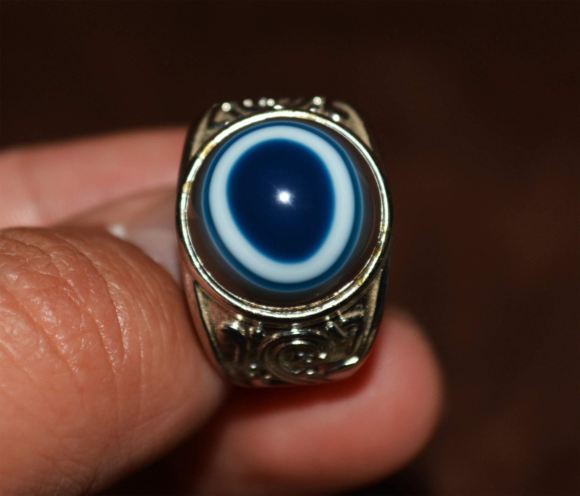 Tibetan Old Antique Lukmik Eye Dzi Bead Ring Medicine agate