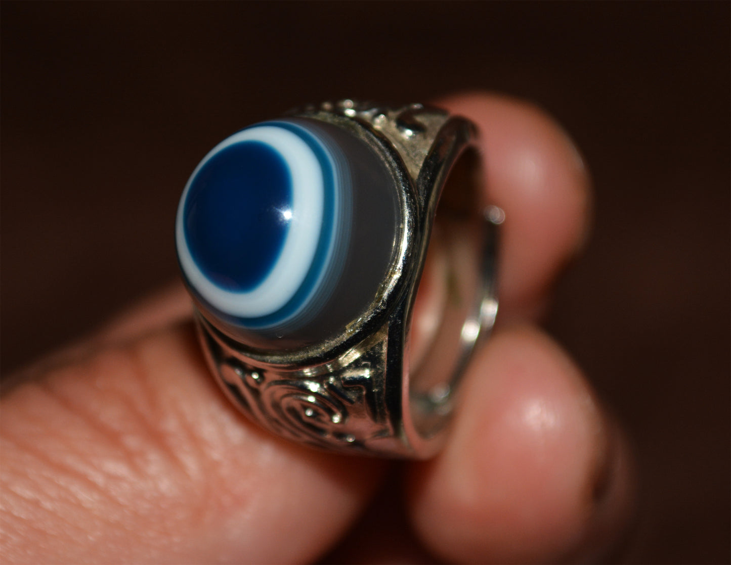 Tibetan Old Antique Lukmik Eye Dzi Bead Ring Medicine agate