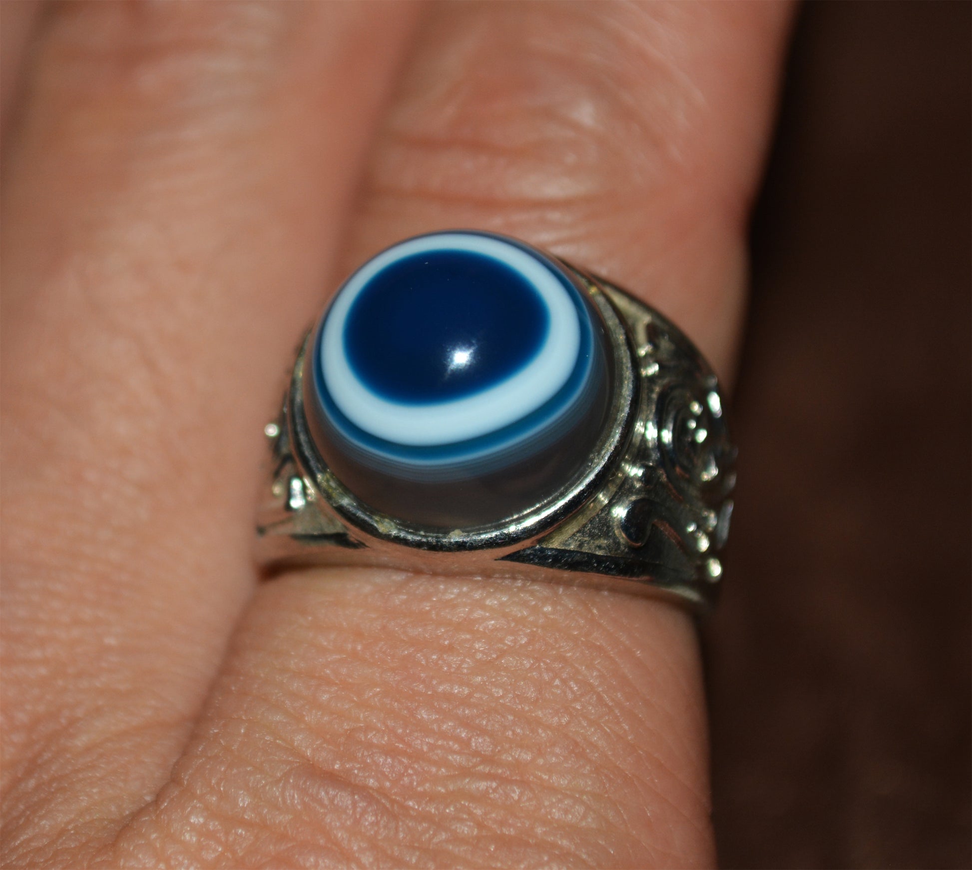 Tibetan Old Antique Lukmik Eye Dzi Bead Ring Medicine agate